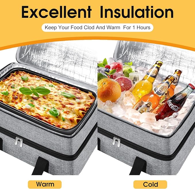 Double Insulated Casserole Carrier, Portable Casserole Carrier for Hot or Cold Food Lunch Tote Warmer or Cooler Bag, Lasagna Lunch Bag for Potluck Parties- Fits 9" x 13" Baking Dish-Grey