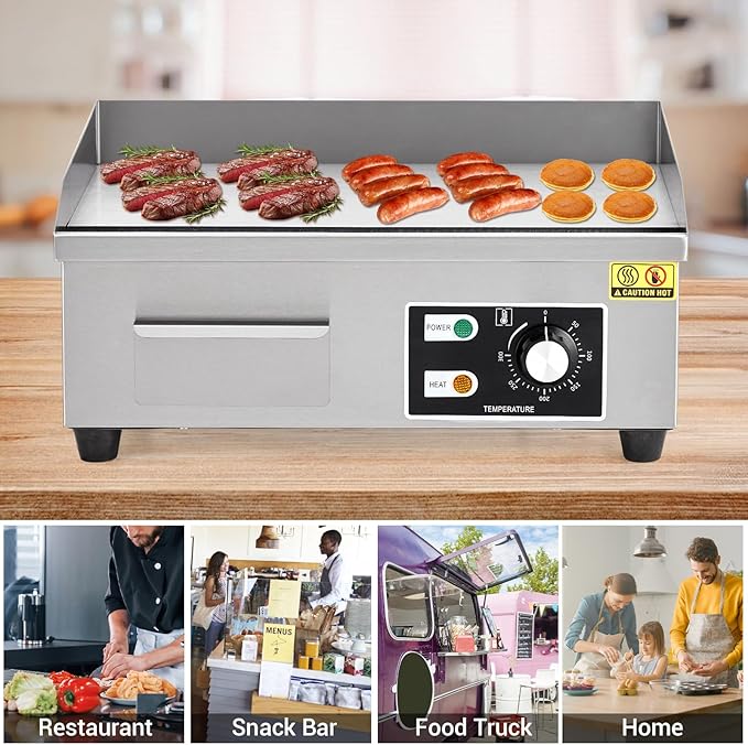 GarveeHome 18 In Commercial Electric Griddle,110V 1600W Electric Restaurant Teppanyaki Flat Top Grill With Shovels & Brushes, Non-Stick Countertop Griddle, Adjustable Temperature Control 122°F-572°F