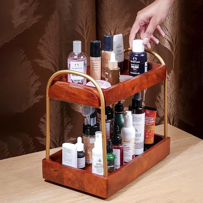 Premium CasaDuo Multipurpose Organizer Rack for Cosmetics Storage | Display Holder | Bathroom Dresser Countertop|Kitchen Organizer in Mahogany Finish (Self Assembly)