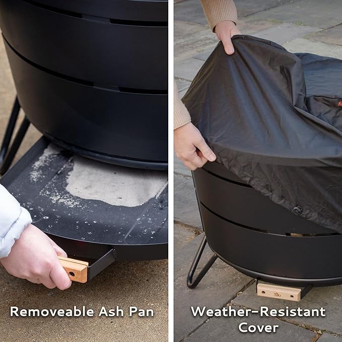 TIKI 27.5-Inch Smokeless Reunion Fire Pit, Large Outdoor Fire Pit for Gatherings, Wood Burning with Removable Ash Pan & Weather-Resistant Cover, Modern Black Design – Perfect for Patio & Backyard