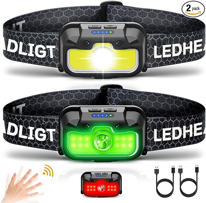 Headlamp Rechargeable 2 Pack, 1300 Lumen Ultra-Bright Head Lamp with Red Light, Waterproof Motion Sensor Head Lights for Forehead with White Green, 14 Modes Adjustable Headlight for Camping