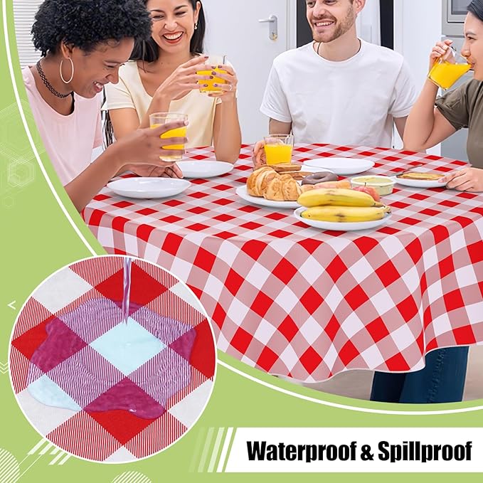 Smiry Round Plastic Table Cloth, Waterproof Vinyl Tablecloth with Flannel Backing, Wipeable Buffalo Plaid Table Cover for Dining, Indoor and Outdoor (Red & White, 60" Round)