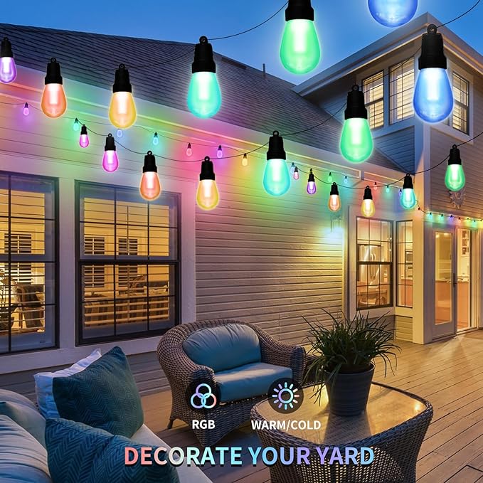 Outdoor String Lights 50FT, Outdoor Lights for Patio with 20 Dimmable RGBW LED Bulbs, IP66 Waterproof Shatterproof, with APP Control & Remote, 24V Adapter Color Change,for Backyard Decor