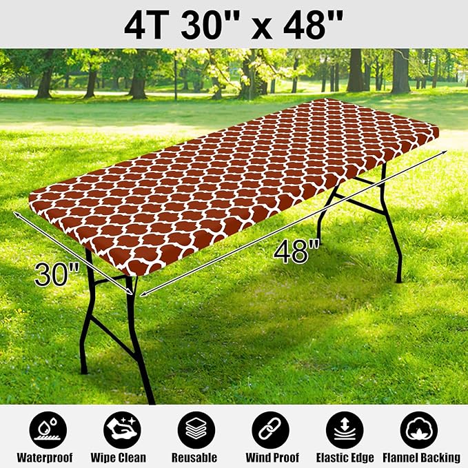 Smiry Rectangle Picnic Table Cover, Waterproof Elastic Fitted Camping Tablecloths for 4 Foot Tables, Wipeable Flannel Backed Vinyl Tablecloth Protector for Indoor, Outdoor (Rust, 30x48 Inches)