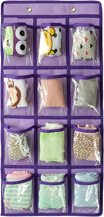 NIMES Hanging Closet Underwear Sock Jewelry Storage Over The Door Classroom Cell Phone Calculator Organizer 12 Clear Pockets (Purple)