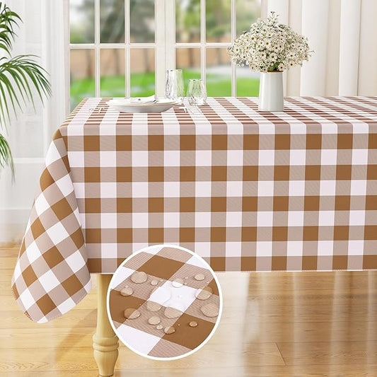 misaya Rectangle Waterproof Vinyl Table Cloth, Buffalo Flannel Backed Tablecloth, Wipeable Plastic Table Cover for Dinner, Kitchen, Outdoor (60" x 144", Brown and White)