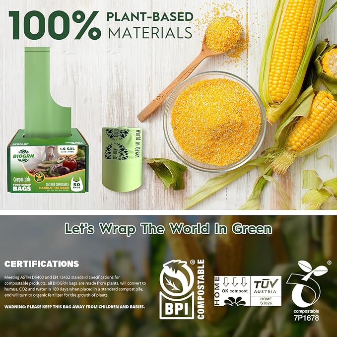 Compostable Trash Bags 1.2-1.6 Gallon with Handles 50 Count 0.6 Mil 6.06 Liter Heavy Duty Small Kitchen Food Scrap Waste Compost Bags for Countertop Bin ASTM D6400 & BPI Certified, OK Compost Home