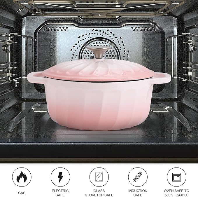 Enameled Cast Iron Dutch Oven with Lid, 3 QT Dutch Oven Pot for Bread Baking, Heavy Duty Cast Iron Pot for Braising, Cook, Bake, Oven Safe across All Cooktops (Gradient Pink,3 QT)