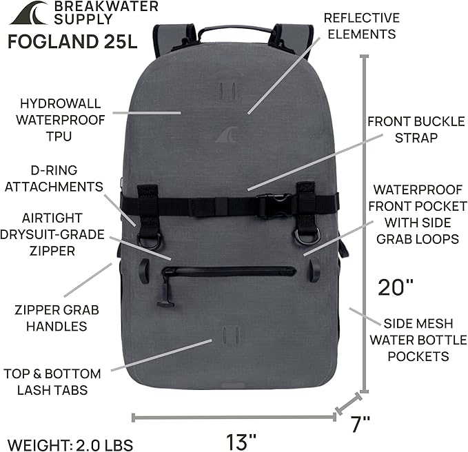 Breakwater Supply™ Waterproof IP68 Submersible Backpack with Airtight Zippers | Laptop Travel Outdoors | Fogland 25L 20L 15L