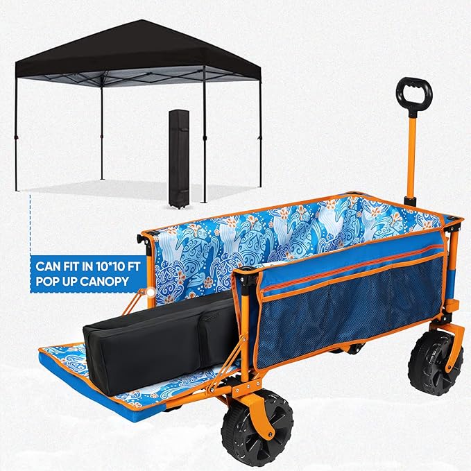 300lbs Extra Long 49" L Beach Wagon with Big Wheels for Sand, Collapsible Utility Beach Cart Heavy Duty Folding Wagon,Ideal for Outdoor Sand Camping Garden Pet