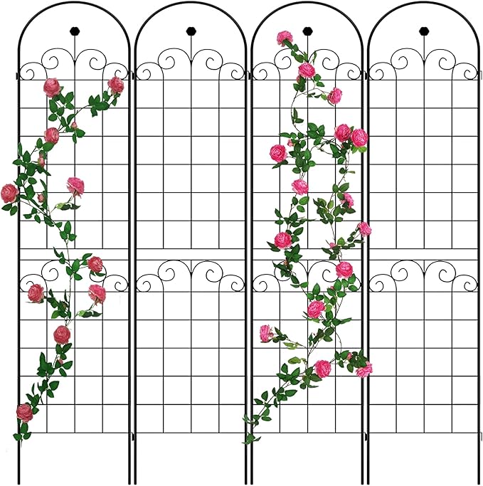 4 Pack Metal Garden Trellis 86.7" H Garden Fence Rustproof Trellis for Climbing Plants Support Roses Flower Outdoor Lawn, Black Galvanized Tube