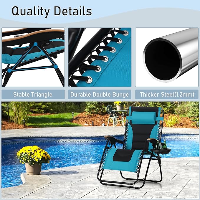 PHI VILLA XXL Oversized Padded Zero Gravity Chair, Foldable Patio Recliner, 30" Wide Seat Anti Gravity Lounger with Cup Holder, Support 400 LBS (Aqua)
