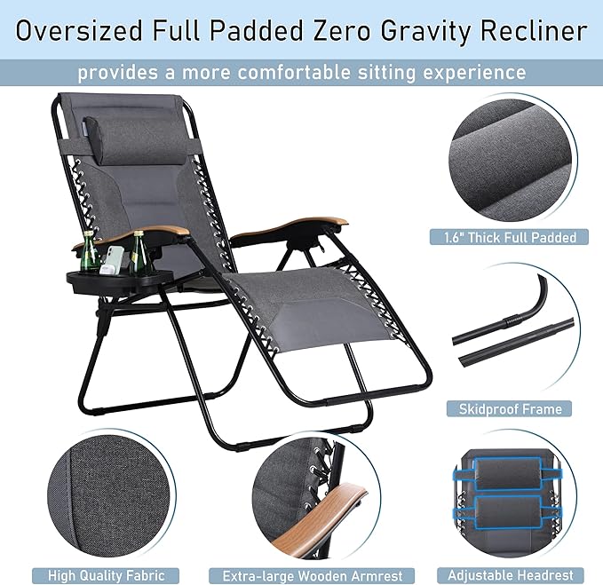 PHI VILLA XXL Oversized Padded Zero Gravity Chair, Foldable Patio Recliner, 30" Wide Seat Anti Gravity Lounger with Cup Holder, Set of 2, Support 400 LBS (Gray)