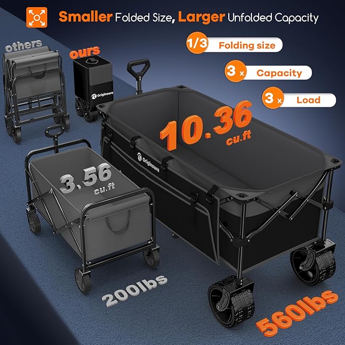48" L Collapsible Wagon Cart Foldable, 560LB Weight Capacity 300L Heavy Duty Folding Beach Wagons with Big All-Terrain Wheels, Utility Carts for Groceries, Shopping, Camping, Sports - Grey&Black