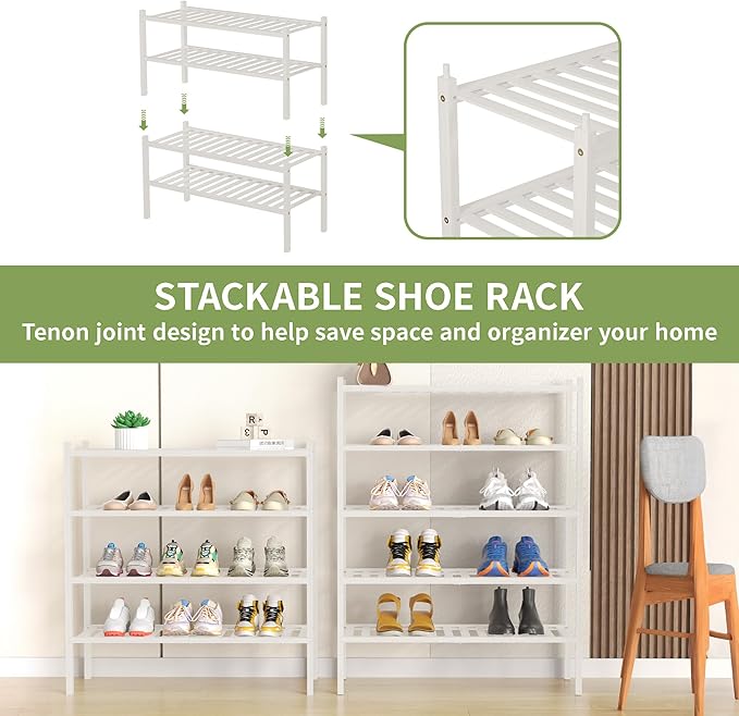 5 Tier Bamboo Shoe Rack for Closet Free Standing Wood Shoe Shelf for Entryway Small Space Stackable 27"x11"x33" (White)