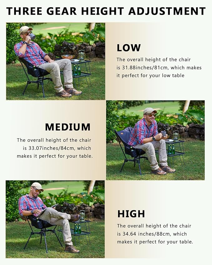 KingCamp Portable Backpacking Chair, 4-Position Adjustable Height Folding Compact Lightweight Camping Chairs with Cup Holders & Carry Bag for Outdoor Camp Hiking Lawn Fishing