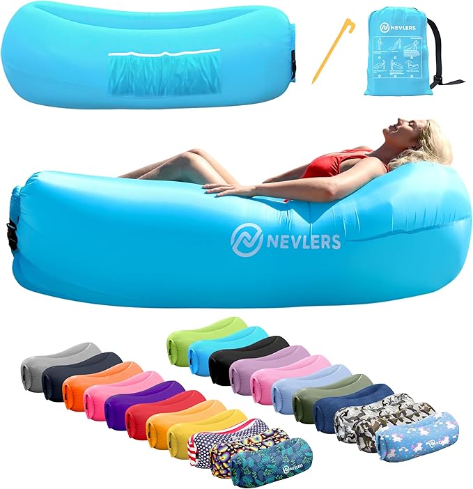Nevlers Inflatable Lounger | 210T Polyester Inflatable Chair | No-Pump Blow Up Couch | Camping Couch Air Sofa Bed w/ 450 lbs. Cap., Pockets & Matching Bag | Use as Inflatable Couch for Adults & Kids