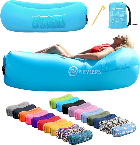 Nevlers Inflatable Lounger | 210T Polyester Inflatable Chair | No-Pump Blow Up Couch | Camping Couch Air Sofa Bed w/ 450 lbs. Cap., Pockets & Matching Bag | Use as Inflatable Couch for Adults & Kids