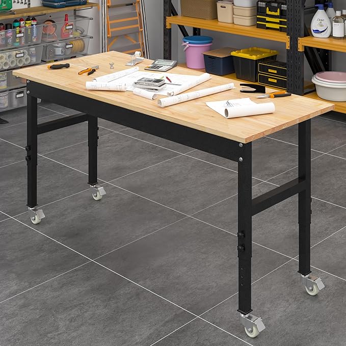 48" Adjustable Work Bench, Rubber Wood Top Workbench Heavy-Duty Work Table with Power Outlet,workbenches Wheels, 2000 LBS Load Capacity Hardwood Work Benches for Garage, Workshop, Home, Office