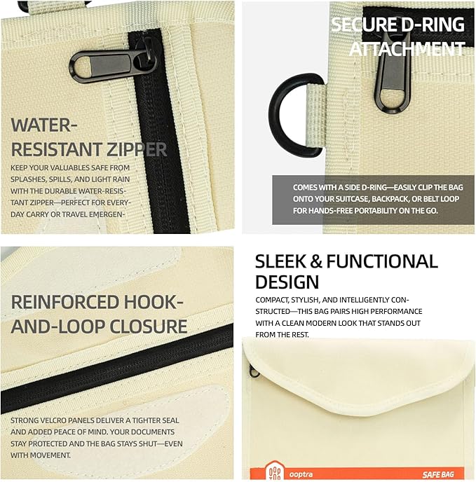 Fireproof Document Bag (Beige) – Waterproof Zipper – Lightweight & Portable – for Home, Office & Travel – Holds Files, Cash, Passport, Valuables – Fire & Water Resistant – with External Buckle