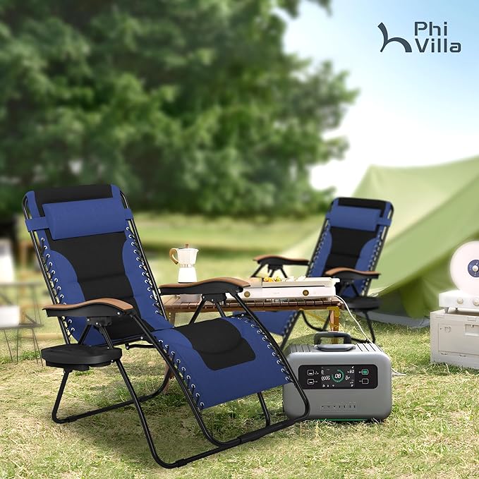 PHI VILLA XXL Oversized Padded Zero Gravity Chair, Foldable Patio Recliner, 30" Wide Seat Anti Gravity Lounger with Cup Holder, Set of 2, Support 400 LBS (Navy Blue)