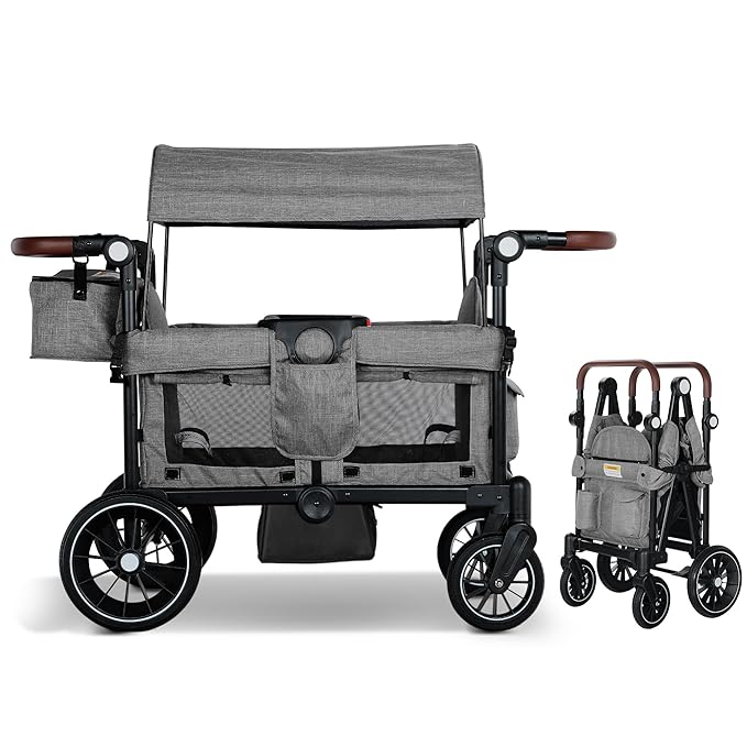 Wagon Stroller for 2 Kids, Foldable Kids Wagon Cart Featuring with Harnesses, Adjustable Double Push Handle, Removable Canopy, Snack Tray, Large Storage Bag, Gray