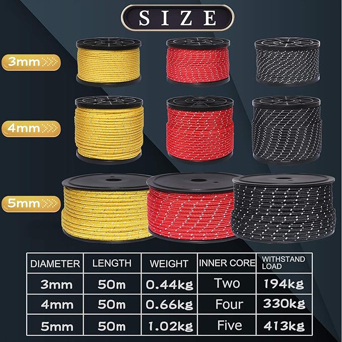 HIKEMAN 50m Reflective Guyline Solid Braid Nylon Camping Rope with Aluminum Adjuster Cord Tensioner Tent Accessory for Outdoor Travel,Hiking,Backpacking and Water Activities (Black, 3mm)