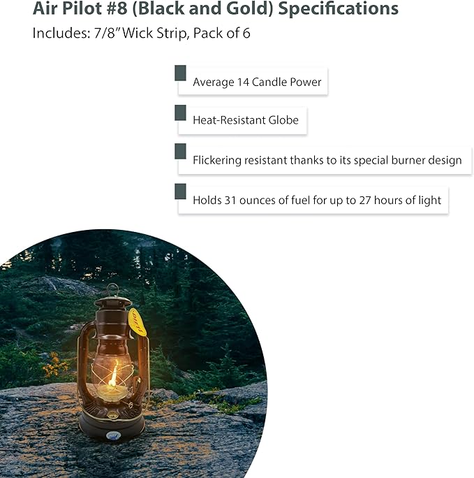 Light of Mine - Dietz #08 Air Pilot Black with Gold Trim Oil Lantern with 7/8" Replacement Wick Strips (Black with Gold Trim)