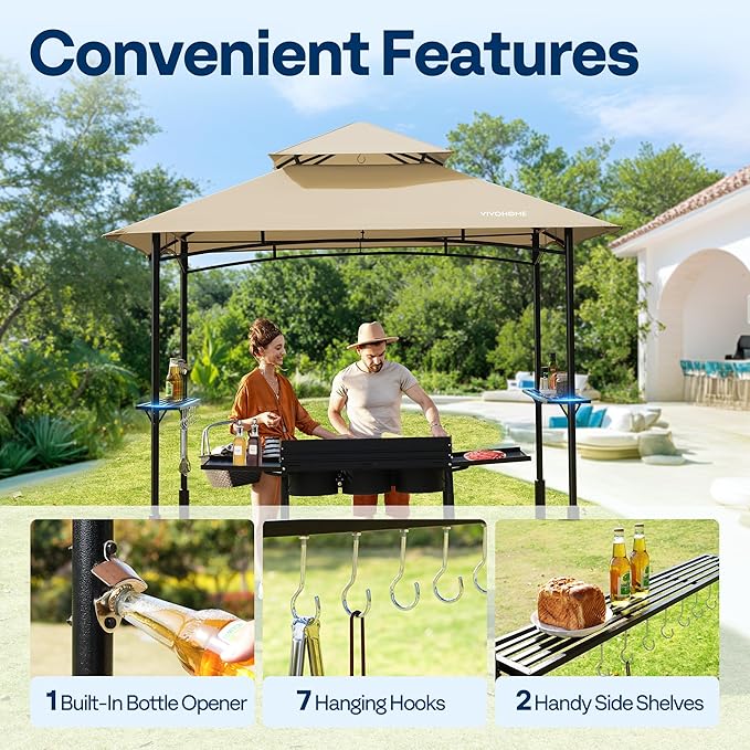VIVOHOME Grill Gazebo Outdoor BBQ Patio Canopy Tent with Double Tiered Vented Top & 2 Side Shelves, Taupe
