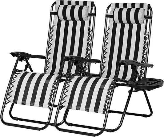Nazhura Set of 2 Relaxing Recliners Patio Chairs Adjustable Steel Mesh Zero Gravity Lounge Chair Beach Chairs with Pillow and Cup Holder Khaki (Black/White Stripe)