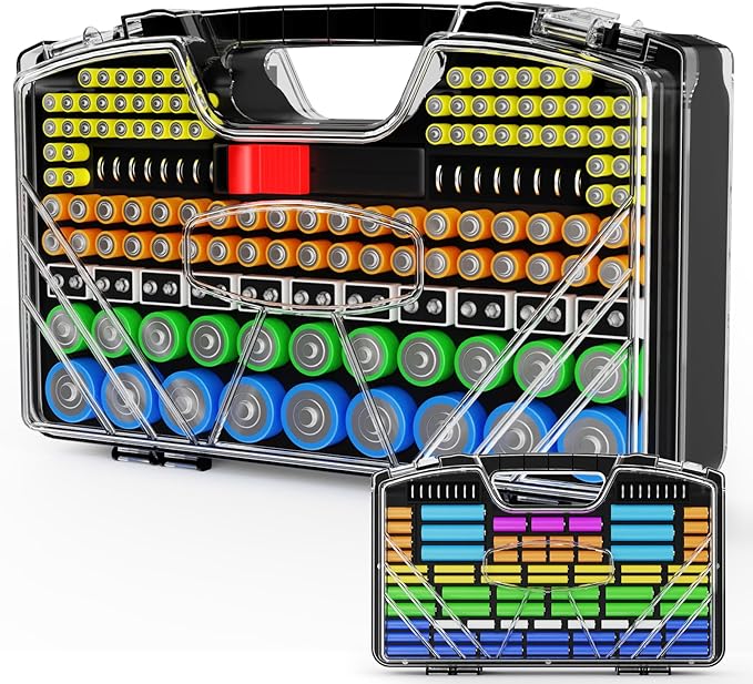 Battery Organizer Storage Holder Box Case with Tester, New Ultra-Large 285+Batteries Double-Sided Variety Pack, Holds AA AAA 4A C D Button Cell 9V 3V Lithium18650 CR2 CR123 CR1632 LR44 (Black)