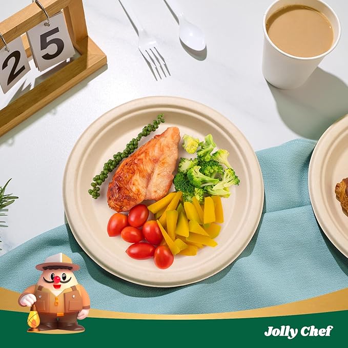 JOLLY CHEF Compostable Heavy Duty Plates 9 Inch [300 Pack] Eco-Friendly Disposable Natural Paper Plates Bagasse Biodegradable Bulk for Party Dinner Sugarcane Fibers Round 300 Count(Brown)