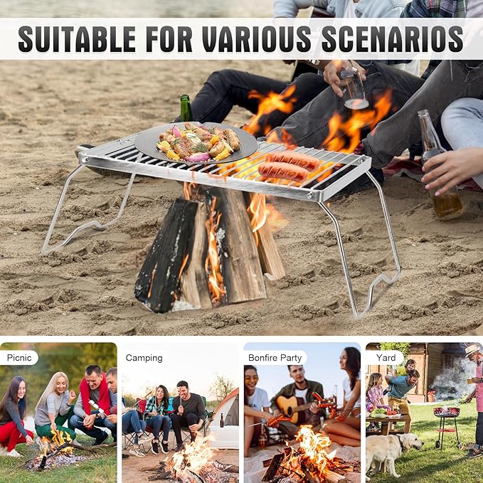 ZORMY 13" Small Folding Campfire Grill, 304 Stainless Steel Firepit Grill Grate, Heavy Duty Portable Camping Grill with Carrying Bag, Gas BBQ Grill Grate for Backpacking, Hiking, Picnics (Medium)