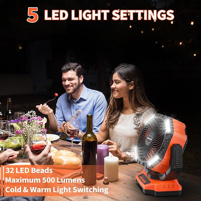 MORECORE 68HRS Running Camping Fan with Light, 20000mAh Battery Rechargeable, Powerful 4 Speeds & Auto Oscillating, with Timer & Hook, for Travel Tent RV Emergency Hurricane Jobsite Garage-Orange