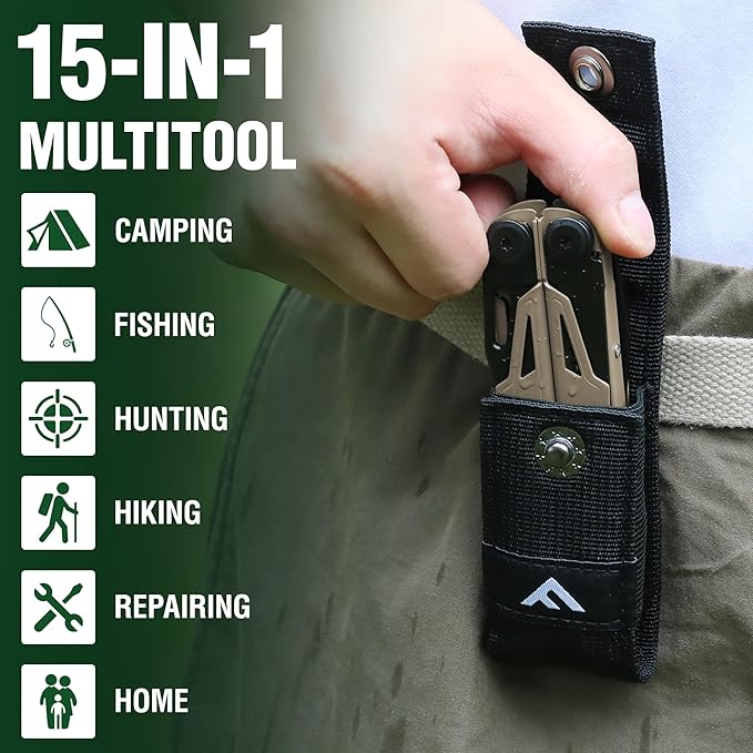 FLISSA Multitool, 15-in-1 Multi Tool Pocket Knife with Sheath, Stainless Steel EDC Multitool Pliers for Men, All-in-One Tools for Camping, Fishing, Survival
