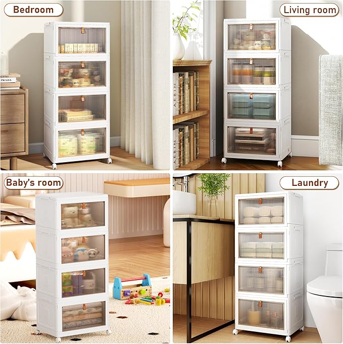 4 Tier Storage Bins with Lids, 23QT Stackable Closet Organizers and Storage with Wheels, Collapsible Storage Boxes, Foldable Plastic Storage Containers for Home,Office, Dorm Room-White