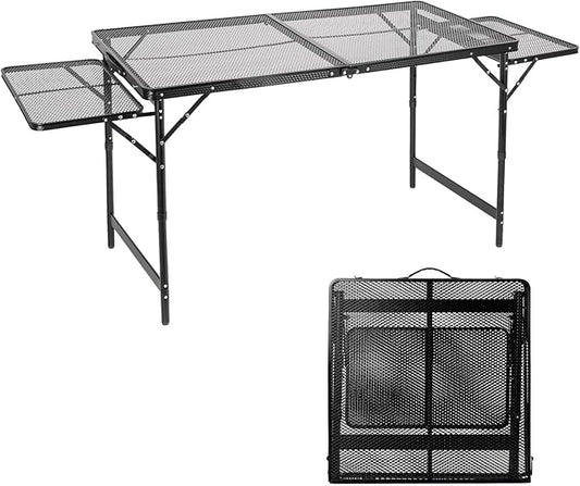 Grill Table Folding Table with 2 Wing Panels 4FT+1.77 FT with Mesh Desktop 3 Height Adjustable Portable Grill for Outdoor Indoor Beach BBQ Picnic Travel RV Black 69.3 x 23.62 inch