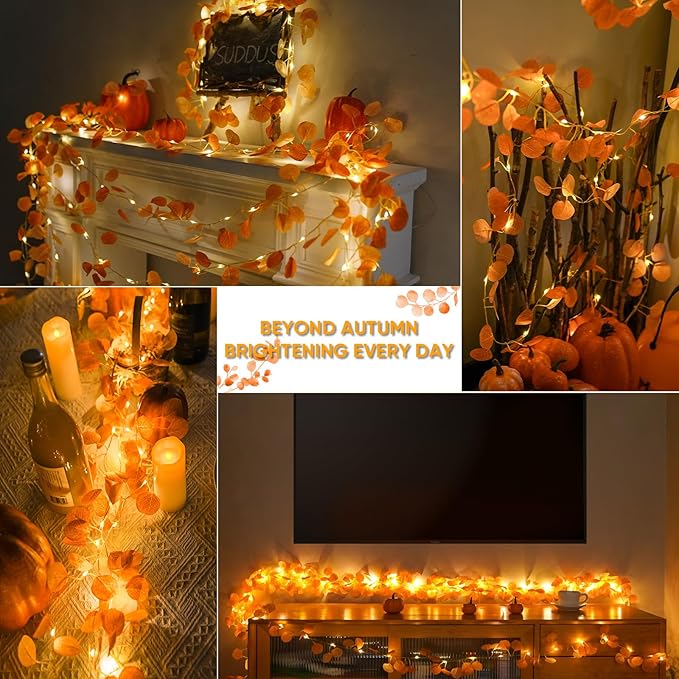 suddus Vine with Fairy Lights Battery Operated, 33ft 100 LED Eucalyptus Leaf String Lights with Remote, Dimmable Fall Garland with Lights for Bedroom Indoor Thanksgiving Christmas Decor (Warm White)