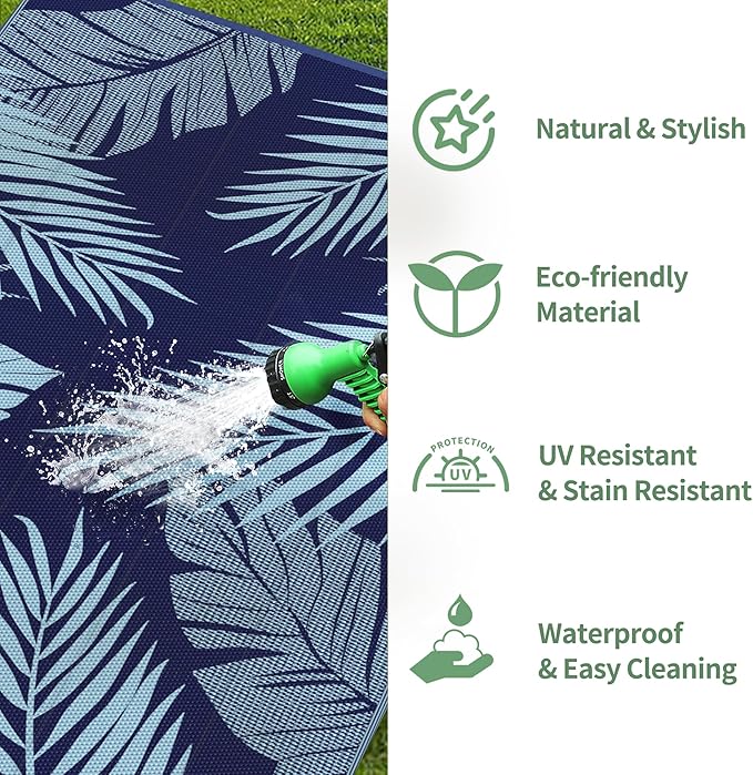 GENIMO Outdoor Rug 6' x 9' Waterproof for Patios Clearance, Reversible Outdoor Plastic Straw Camping Rug Carpet, Large Area Rugs Mats for RV, Camper, Deck, Balcony, Porch, Beach, Navy Blue&Baby Blue