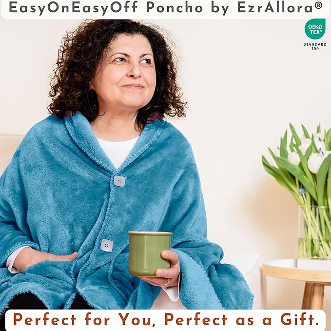 Fleece Poncho Blanket -No Sleeves- Lightweight Warm Wrap Shawl - Wearable Blanket - Lap Blanket - Gift for Grandma (100% Fleece, Royal Sky)