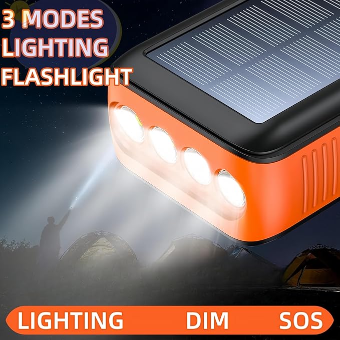 Solar Power Bank Portable Charger 63200mAh Battery Pack, Hand Crank Charger Dual Outputs Inputs 4 LED Flashlight, Fast Charging with Built in Cables Power for Phone Camping Emergency Travel (Orange)