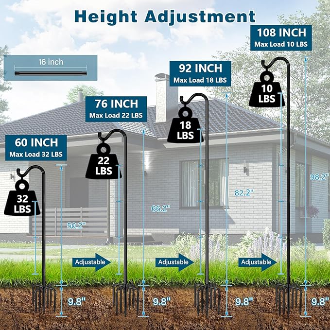 Gtongoko 92 Inch 2 Pack Bird Feeder Poles for Outdoors Heavy Duty, Shepherds Hooks for Outdoor, Hummingbird Feeder Stand, Adjustable Hanger for Plant, Lights, Lanterns Wedding Decor with 7 Prongs Base