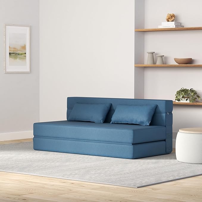 Folding Sofa Bed with Pillows- Convertible Chair Floor Couch & Sleeping Mattress, Foldable Memory Foam Sleeper for Living Room/Dorm/Guest Room/Home Office/Apartment/Loft, Queen, Navy Blue