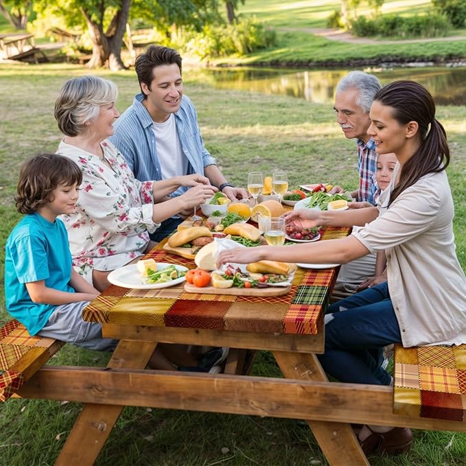 JAWO Picnic Table Covers with Bench Covers Fall Autumn Camping Tablecloth Fitted Picnic Table Cover with Elastic Windproof Waterproof Fabric, Camping Accessories Patio & Outdoor