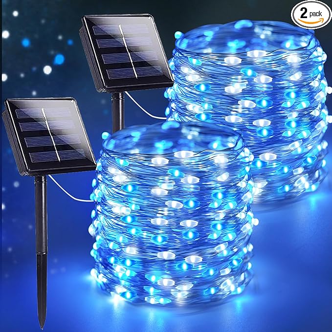 SANJICHA Blue and White Solar String Lights, Extra-Long 2 Pack 144FT 400LED Solar Christmas Lights Outdoor Waterproof, Sliver Wire 8 Modes Twinkle Light for Garden Tree Party Wedding Decorations