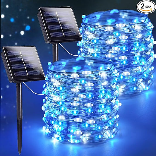 SANJICHA Blue and White Solar String Lights, Extra-Long 2 Pack 144FT 400LED Solar Christmas Lights Outdoor Waterproof, Sliver Wire 8 Modes Twinkle Light for Garden Tree Party Wedding Decorations