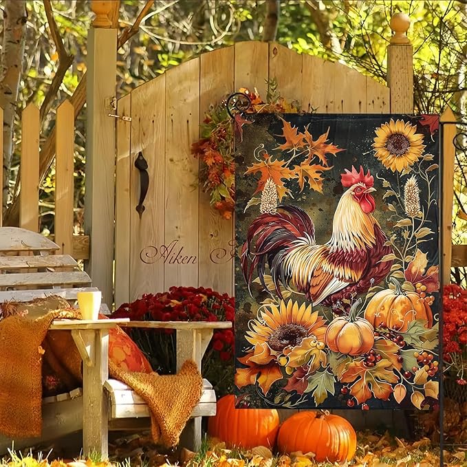 Autumn Rooster Garden Flag 12X18 Inch Double Side,Thanksgiving Harvest Fall Yard Flag,Pumpkin Small Garden Flag,Outdoor Fall Flag for Holiday Outside Patio Decoration