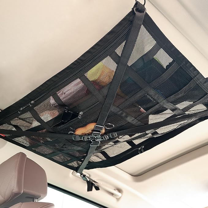 Universal Car Ceiling Cargo Net Pocket(25x34x44Inch)-Overhead Storage Organizer for SUV, Truck, Camping & Road Trips - Durable Mesh Interior Accessories for Travel Gear
