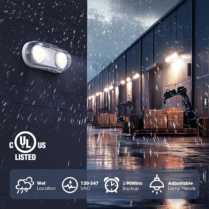 Wet Location Rated Outdoor Emergency Light,Waterproof Exterior Led Emergency Lights with Battery Backup,Adjustable Heads,Commercial Hardwired Emergency Lighting,UL Listed,120-347V (2 Pack)