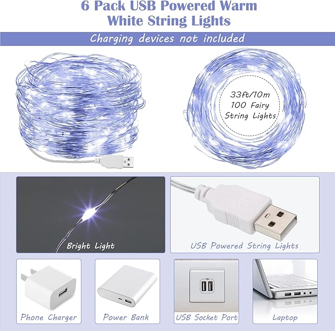 Macarrie 6 Pcs USB String Lights 33 ft 100 LED Fairy Lights Powered String for Christmas Indoor Outdoor Wedding Party Tree Home Festival Garden Decoration (Cool White)